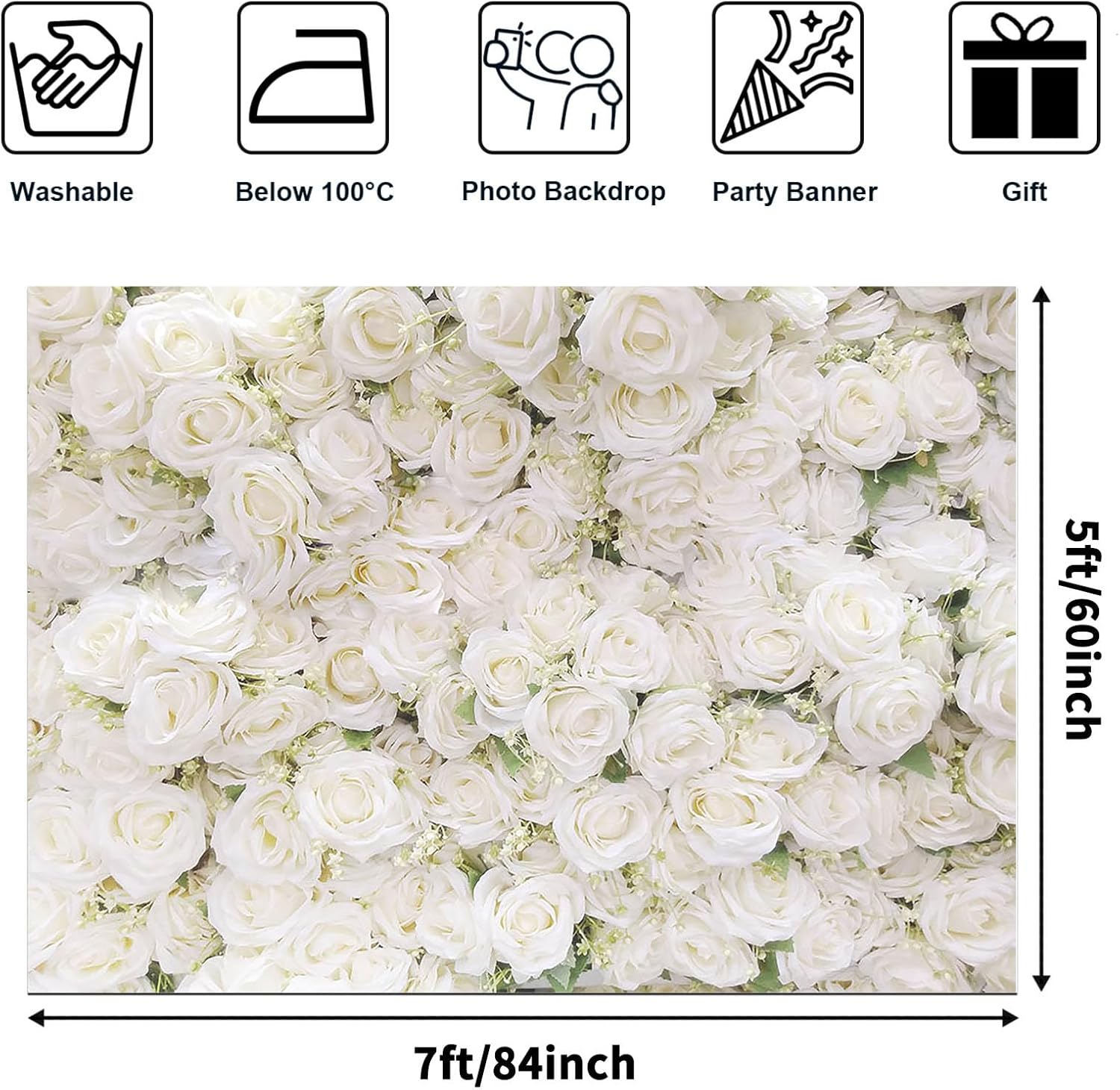 Size 7x15 Color White Avezano White Flower Backdrop for Party Photoshoot Wedding Floral Wall Bridal Shower Party Decoration Photography Background White Rose Florals Backdrops Portrait Photographic Studio (7x5ft)